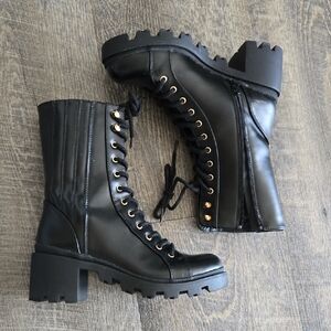 Shoe Dazzle Black Lace-Up Combat Boots with Gold Eyelets